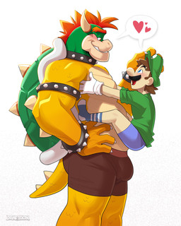 anthro armband beard belly biceps big_bulge big_muscles bracelet brown_hair bulge claws clothed clothing collar duo eye_contact eyebrows facial_hair footwear gloves hair handwear hat headgear headwear heart_symbol horn hug human_on_anthro interspecies jewelry larger_anthro looking_at_another love male male/male musclegut muscular muscular_anthro muscular_male mustache open_mouth open_smile pecs red_hair shell shirt side_view simple_background size_difference smaller_human smile socks speech_bubble spiked_armband spiked_bracelet spiked_collar spiked_shell spiked_tail spikes spikes_(anatomy) standing stubble tail teeth thick_arms thick_thighs topless topless_anthro topless_male topwear underwear underwear_only white_background draftgon bowser_day mario_bros nintendo bowser luigi dragon_koopa human koopa mammal scalie 2025 absurd_res hi_res watermark