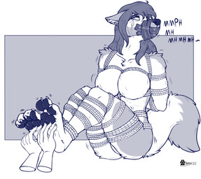 4_toes anthro barefoot bdsm bodily_fluids bondage bound breasts claws disembodied_hand featureless_breasts feet female fur gag gagged hair hands_behind_back head_turned inner_ear_fluff muffled muffled_speech muzzle_(object) nude paws plantigrade restraints rope sitting soles solo submissive submissive_female tail tape tape_gag taped_mouth tears tickle_torture tickling tickling_feet toes tuft marcushunter fan_character canid canine canis domestic_dog mammal 2025 hi_res signature