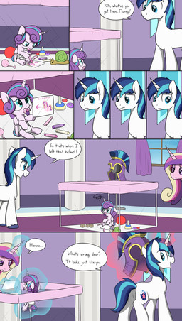 armor blue_eyes blue_hair crayon dialogue disguise drawing_(object) female galea hair headgear helmet horn male object_in_mouth pacifier pacifier_in_mouth text skitterpone friendship_is_magic hasbro my_little_pony mythology flurry_heart_(mlp) princess_cadance_(mlp) shining_armor_(mlp) disguised_changeling equid equine mammal mythological_creature mythological_equine unicorn absurd_res comic english_text hi_res