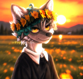 ambiguous_gender anthro blurred_background clothing flower flower_crown fur hair meadow multicolored_body multicolored_fur multicolored_hair plant solo sunset sweater topwear popcaffy canid canine mammal absurd_res chromatic_aberration hi_res