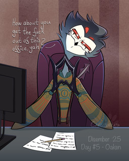 anthro beak bottomwear chair clothed clothing computer computer_monitor cosplay dialogue electronics feathers furniture head_tilt looking_at_viewer male mouth_closed multi_eye narrowed_eyes on_chair pants paper pencil_(object) red_eyes sitting sitting_on_chair smile smirk solo suspenders sweater talking_to_viewer text topwear atimon disney frozen_(disney) hellaverse helluva_boss oaken_(frozen) stolas_(helluva_boss) avian demon 2025 hi_res signature