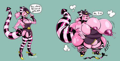 anthro big_breasts bodily_fluids boots breast_expansion breasts clothed clothing clown clown_makeup clown_nose cowboy_boots cowboy_hat empty_eyes expansion expansion_sequence fingerless_gloves footwear garter_straps gloves growth_sequence gynomorph handwear hat headgear headwear huge_breasts hyper hyper_breasts inflation intersex lactating markings no_underwear overalls overweight overweight_gynomorph overweight_intersex ripping_sound_effect shoes solo striped_markings striped_tail stripes tail tail_markings torn_clothing transformation weight_gain harlequinkiller vikkie_(harlequinkiller) bovid caprine domestic_cat felid feline felis goat humanoid hybrid mammal absurd_res hi_res trans_(lore) trans_woman_(lore)