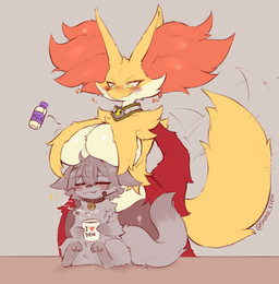 anthro big_breasts big_tail boob_hat breast_curtains breasts duo female feral green_eyes jewelry male male/female necklace omnitrix tail wide_hips shoko_steff ben_10 cartoon_network nintendo pokemon den10 fan_character canid canine delphox domestic_cat felid feline felis generation_6_pokemon mammal pokemon_(species)