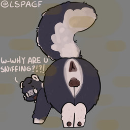 anthro balls darkened_balls darkened_genitalia dialogue fart fart_cloud fart_fetish fluffy fluffy_tail genitals grey_background male multicolored_body pawpads presenting purple_body scared shy simple_background solo tail two_tone_body warning lspagf skunk_(lspagf) mammal mephitid skunk 1:1 absurd_res hi_res