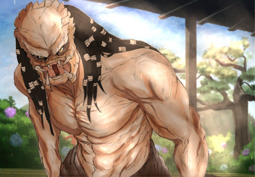 abs black_hair clothed clothing dreadlocks fangs hair male muscular muscular_humanoid muscular_male partially_clothed pecs solo teeth underwear s1nslut predator_(franchise) alien humanoid yautja hi_res