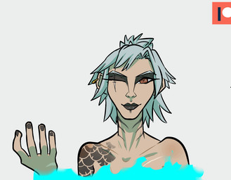 anthro black_lips ear_piercing eye_scar facial_scar female front_view gills grey_hair hair lips looking_at_viewer nails piercing scar sharp_nails sharp_teeth simple_background solo tattoo teeth transformation transformation_through_magic white_background errokioslem hela_(erro_kioslem) aquatic fish ground_shark hammerhead_shark human mammal shark animated portrait