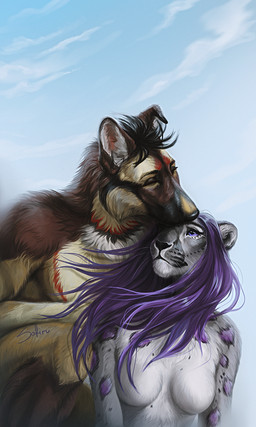black_hair black_nose breasts brown_body brown_fur day detailed_background duo featureless_breasts female fur grey_body grey_fur hair male male/female outside purple_hair romantic romantic_couple sky safiru canid canine canis domestic_dog felid leopard mammal pantherine 2020 3:5 digital_media_(artwork)