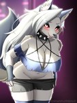 anthro big_breasts blush bottomwear bottomwear_pull breasts cheek_tuft cleavage clothed clothing clothing_pull collar crop_top cute_fangs ear_piercing ear_ring facial_tuft fangs female female_anthro fingerless_gloves fluffy fluffy_tail fur gloves grey_body grey_fur grey_tail hair half-closed_eyes handwear inner_ear_fluff legwear looking_at_viewer midriff multicolored_body multicolored_fur narrowed_eyes navel nipple_slip nipples no_underwear notched_ear open_mouth open_smile piercing pink_nipples red_sclera ring_piercing shirt shorts shorts_pull smile solo spiked_collar spikes tail teeth text thick_thighs thigh_highs topwear tuft two_tone_body two_tone_fur undressing white_body white_eyes white_fur white_hair white_tail wide_hips faroula helluva_boss mythology loona_(helluva_boss) canid canid_demon canine demon hellhound mammal mythological_canine mythological_creature 3:4 artist_name hi_res signature