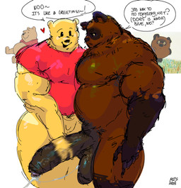 anthro balls big_balls big_penis bodily_fluids brown_body clothing confusion dialogue duo flirting genital_fluids genitals glans hand_on_hip hand_on_penis handjob happy heart_symbol leaking_precum long_penis male male/male musclegut muscular open_mouth penile penis precum precum_string pubes purple_glans red_clothing red_shirt red_topwear round_ears sex shirt small_penis smile speech_bubble text toony topwear wide_hips yellow_body muranoshisoka disney soyuzmultfilm winnie_the_pooh_(franchise) pooh_bear vinni_pooh bear mammal hi_res reference_image russian_text translated