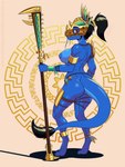 5_fingers anklet anthro areola big_breasts big_butt black_hair blue_body blue_scales bottomwear bracelet breasts butt clothing curvy_figure dragon_tail feathers female fingers gold_(metal) gold_anklet gold_armlet gold_bracelet gold_helmet gold_jewelry gold_plate gold_weapon hair jewelry nipples nude red_eyes scales simple_background solo tail text thick_thighs topwear tribal warrior weapon duartthebirdman asian_mythology east_asian_mythology mythology warhammer_(franchise) warhammer_fantasy sek-raktaa dragon eastern_dragon humanoid mammal mythological_creature mythological_scalie scalie digital_media_(artwork) hi_res url