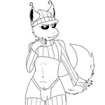 anthro armwear black_sclera claws clothing femboy hat headgear headwear legwear lingerie male pose solo stockings thong topwear underwear wool_clothing wool_hat wool_headwear unknown_artist apollo_caelum alien gieeg 1:1 monochrome