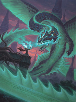 building cape clothing cloud duo feathered_wings feathers feral fin green_body long_body long_tail magic male outside raised_hand tail tower wings chris_rahn hasbro magic:_the_gathering mythology wizards_of_the_coast dragon human mammal mythological_creature mythological_scalie scalie 2024 hi_res official_art traditional_media_(artwork)