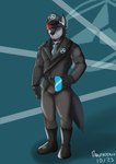 anthro belt black_boots black_clothing black_footwear black_gloves black_handwear boots clothing footwear gloves grey_clothing grey_suit hand_on_hip handwear hat headgear headwear male military_uniform mind_control necktie peaked_cap ringed_eyes shadow shoes solo standing suit suit_jacket uniform visor danphoenix canid canine canis mammal wolf 2023 hi_res
