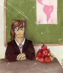 anthro apple biped brown_hair chalkboard clothed clothing desk eyes_closed eyewear food front_view fruit fur furniture glasses hair information_board long_hair male necktie plant sitting smile solo suit table tan_body tan_fur teacher freckles_(artist) noha equid equine horse mammal 2010 artist_collaboration colored_pencil_(artwork) traditional_media_(artwork)