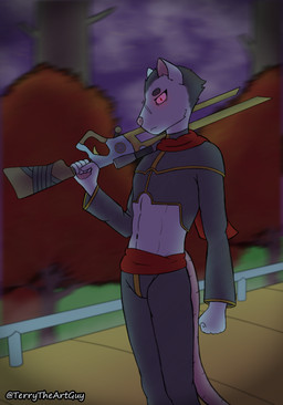 abs ambiguous_gender anthro clothing crop_top eyewear fantasy femboy forest forest_background glasses glowing glowing_eyes gun male nature nature_background night plant priest ranged_weapon scarf shirt solo topwear tree weapon wearing_glasses terrytheartguy american_opossum mammal marsupial absurd_res hi_res