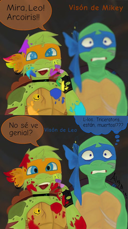 anthro blood bodily_fluids dialogue duo male male/male open_mouth shell simple_background teeth text almacaritoaylen_(artist) teenage_mutant_ninja_turtles leonardo_(tmnt) michelangelo_(tmnt) mammal reptile scalie turtle comic digital_media_(artwork) hi_res spanish_text translation_check translation_request sibling_(lore)