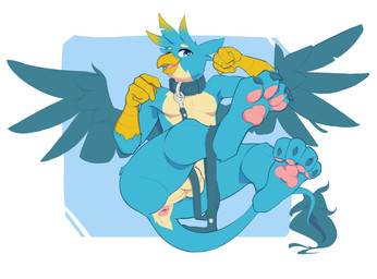 4_fingers 4_toes anthro anus balls blue_body blue_eyes blue_fur collar feet fingers fur genitals leash looking_at_viewer male pawpads perineum pink_pawpads presenting simple_background solo spread_wings tail tail_anus tail_tuft toes tuft wings jazzynsfw friendship_is_magic hasbro my_little_pony mythology gallus_(mlp) avian gryphon mythological_avian mythological_creature hi_res