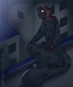anthro building city clothing fur hood looking_at_viewer male markings night on_roof simple_background smile solo spots spotted_body spotted_fur tail c-r-s felid feline felis leopard mammal pantherine hi_res