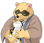 anthro black_nose brown_body brown_fur carrying_another clothed clothing duo eyes_closed feral fur green_eyes humanoid_hands kemono male simple_background slightly_chubby white_background hysk sengoku_puzzle tokugawa_ieyasu canid canine domestic_cat felid feline felis mammal raccoon_dog tanuki 2021 hi_res