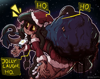 4_hands :3 bare_shoulders big_breasts big_butt black_hair black_sclera black_tentacles blood blood_from_mouth blood_in_mouth bodily_fluids breasts brown_body brown_skin butt christmas_clothing christmas_headwear clothing corpse costume dialogue disguise female finger_on_chin food glowing glowing_eyes gore grey_body hair hat headgear headwear holidays innocent_expression innocent_smile leaking leaking_blood long_hair looking_at_viewer machine meat metal metallic_body multi_hand night nightmare_fuel pigtails poking sack santa_costume santa_dress santa_hat scar scars_all_over screen screen_face seam_(sewing) segmented_body severed_body_part skinsuit smile solo speech_bubble star stitch_(sewing) surgical_suture tentacle_holding_object tentacles text thick_thighs tight_clothing twintails_(hairstyle) white_body wide_hips x_eyes yellow_eyes yellow_text diddlydooter1 christmas glitch_productions murder_drones cyn_(murder_drones) tessa_(murder_drones) eldritch_abomination human humanoid mammal patchwork_creature robot robot_humanoid undead worker_drone zombie artist_name digital_drawing_(artwork) digital_media_(artwork) hi_res signature