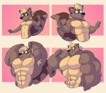 abs anthro armpit_hair biceps big_muscles black_nose body_hair brown_body brown_fur flexing fur growth huge_muscles male muscle_growth muscular muscular_anthro muscular_male pecs red_eyes smile solo transformation shenanigan tealmarket hybrid mammal mephitid procyonid raccoon skunk absurd_res hi_res