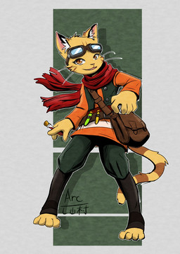 anthro bag bomb bottomwear brown_markings clothed clothing explosives eyewear female goggles long_shirt long_sleeves looking_at_viewer markings orange_eyes pants potion pupils scarf slit_pupils smile topwear vest whiskers yellow_body arc_rose agata_(arc_rose) felid feline mammal digital_drawing_(artwork) digital_media_(artwork) hi_res