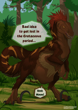 abdominal_bulge after_vore ambiguous_gender brown_body digestion digestion_noises feathers feral forest plant solo speech_bubble stripes text tree vore witchydawgart dinosaur dromaeosaurid prehistoric_species reptile saurischian scalie theropod utahraptor velociraptor english_text hi_res