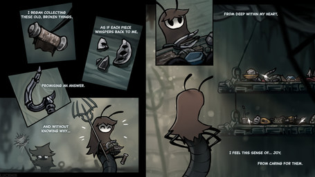 6_panel_comic ambiguous_gender antennae_(anatomy) black_eyes dialogue duo ellipsis empty_eyes holding_object narration outside shelf text white_text lucaniamc hollow_knight:_silksong hollow_knight_(franchise) team_cherry arthropod thread_raker 16:9 comic english_text hi_res widescreen
