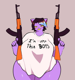 ak-47 ak_platform anthro assault_rifle bad_trigger_discipline big_breasts black_hair blue_highlights bottomless breasts clothed clothing ear_piercing ear_ring eyelashes female female_anthro fur gun hair highlights_(coloring) holding_assault_rifle holding_gun holding_object holding_ranged_weapon holding_rifle holding_weapon huge_breasts huge_thighs piercing purple_body purple_fur ranged_weapon rifle ring_piercing smile solo text thick_thighs weapon wide_hips samirachuni undertale_(series) catty_cattenheimer domestic_cat felid feline felis mammal 2025 absurd_res digital_drawing_(artwork) digital_media_(artwork) english_text hi_res portrait