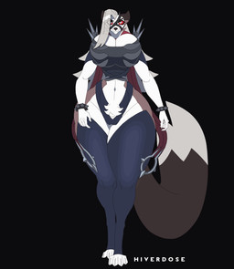 anthro armor big_breasts black_body black_eyelids black_fur black_nose blinking bouncing_ears bouncing_hair bracelet breast_physics breasts camel_toe claws cleavage cleavage_overflow clothed clothing countershade_legs countershade_torso countershading crotch_tuft dipstick_tail eye_behind_hair female fluffy fluffy_tail fur grey_eyes hair jewelry legwear long_hair long_tail markings mask midriff navel neck_tuft red_sclera scarf shoulder_pads simple_background small_waist smile smiling_at_viewer solo spiked_bracelet spikes stockings straps straps_across_chest tail tail_markings tail_motion tailwag thick_thighs tuft unconvincing_armor walk_cycle walking_towards_viewer wearing_mask white_body white_fur wide_hips hiverdose hellaverse helluva_boss marvel marvel_rivals mythology loona_(helluva_boss) malice_loona_(mangakitsune2) canid canid_demon canine demon hellhound mammal mythological_canine mythological_creature 2d_animation animated digital_media_(artwork) frame_by_frame hi_res short_playtime