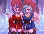 anthro blue_hair breasts clothed clothing day detailed_background duo feathered_wings feathers female hair holding_object horn outside purple_eyes purple_hair wings margony european_mythology friendship_is_magic greek_mythology hasbro my_little_pony mythology silverstream_(mlp) starlight_glimmer_(mlp) avian equid equine hippogriff mammal mythological_avian mythological_creature mythological_equine unicorn digital_media_(artwork) shaded