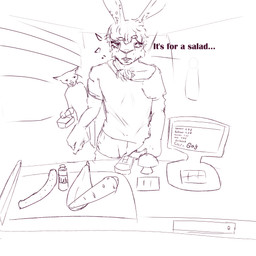 anthro awkward femboy fluffy hairy male overweight public shopping solo store darehare hare lagomorph leporid mammal rabbit 1:1 absurd_res hi_res
