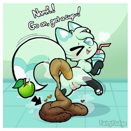anus apple beverage blush border breath butt dialogue drinking_straw feces feces_pile female female_pooping feral food food_feces fruit genitals green_apple heart_symbol holding_beverage holding_object humanoid_genitalia humanoid_genitalia_on_feral humanoid_vulva humanoid_vulva_on_feral leg_markings looking_at_viewer looking_back markings on_one_leg one_eye_closed paws plant pooping pooping_on_floor presenting presenting_hindquarters quadruped question_mark raised_tail rear_view scatplay slushie smile socks_(marking) solo standing tail talking_to_viewer text vulva white_border fairyfudge chikn_nuggit slushi_(chikn_nuggit) canid canine fox mammal 1:1 digital_media_(artwork) english_text hi_res signature