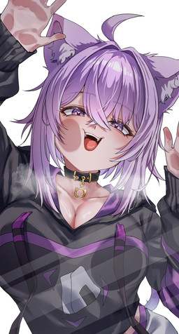 ahoge animal_ears big_breasts black_choker black_clothing black_coat black_jewelry black_necklace black_topwear breast_squish breasts choker cleavage clothed clothing coat collarbone face_squish female fluffy_ears food_print glistening glistening_hair hair hair_between_eyes half-closed_eyes heart_eyes heart_symbol jewelry narrowed_eyes necklace open_mouth purple_hair short_hair simple_background squish topwear white_background ofuton_ke hololive vtuber okayu_nekomata animal_humanoid cat_humanoid felid felid_humanoid feline feline_humanoid humanoid mammal mammal_humanoid absurd_res hi_res