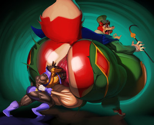 5_fingers anthro anus ball_grab balls belly big_balls big_belly brown_body brown_fur duo fingers fisting fur genitals huge_balls huge_belly hyper hyper_balls hyper_genitalia male male/male muscular muscular_anthro muscular_male pants_ripping penetration puffy_anus red_body red_fur size_difference slightly_chubby justmegabenewell "honest"_john_foulfellow bruno_silva canid canine canis domestic_dog fox mammal hi_res