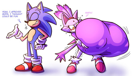 accessory anthro big_breasts big_nipples black_nose blue_body blue_ears blue_hair blush bottomwear breast_expansion breast_grab breast_squish breasts clothing dialogue duo expansion eyelashes eyes_closed female footwear forehead_gem gem gloves hair hair_accessory hairband hand_on_breast hand_on_hip hand_on_own_breast hand_on_own_hip handwear holding_breast huge_breasts huge_nipples hyper hyper_breasts hyper_nipples male motion_lines multicolored_body nipple_outline nipples pants pink_clothing pink_footwear pink_inner_ear pink_shoes purple_body purple_clothing purple_ears purple_hair purple_tail purple_topwear red_clothing red_footwear red_gem red_hairband red_shoes shoes simple_background smile squish tail tan_body tan_inner_ear teeth text three-quarter_view topwear two_tone_body white_background white_bottomwear white_clothing white_gloves white_handwear white_pants yellow_eyes klacket sega sonic_the_hedgehog_(series) blaze_the_cat sonic_the_hedgehog domestic_cat eulipotyphlan felid feline felis hedgehog mammal 2025 cel_shading colored digital_drawing_(artwork) digital_media_(artwork) english_text hi_res shaded