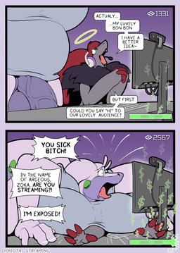 anthro balls big_balls big_breasts big_penis black_body black_fur breast_smother breasts dialogue duo female flaccid fur genitals grey_body grey_fur gynomorph hair huge_balls huge_breasts huge_penis intersex larger_gynomorph larger_intersex livestream penis profanity red_hair size_difference smaller_female smothering text vein veiny_penis chikiota mythology nintendo pokemon luvi_(chikiota) zoka_(chikiota) canid canine dragon generation_5_pokemon generation_6_pokemon goodra mammal mythological_creature mythological_scalie pokemon_(species) scalie zoroark comic english_text hi_res