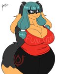 anthro bottomwear breasts cleavage clothed clothing curvy_figure eyewear female glasses hair pants smile solo thick_thighs voluptuous wide_hips yoga_pants jwinkz zoey_(jwinkz) canid canine canis domestic_dog mammal 2018 absurd_res hi_res