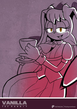 anthro breasts brown_eyes clothed clothing container cup dress ears_back ears_down eyelashes female fur hair holding_container holding_cup holding_object holding_plate holding_tea_cup long_ears name_drop open_mouth open_smile pivoted_ears plate pupils short_hair sitting smile style_emulation tea_cup tongue flashpointgear sega sonic_the_hedgehog_(series) vanilla_the_rabbit lagomorph leporid mammal rabbit absurd_res hi_res