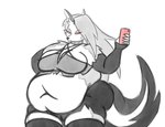 anthro armwear belly belly_overhang black_armwear black_clothing black_nose breasts cellphone clothing collar electronics female fur grey_hair hair holding_cellphone holding_object holding_phone holding_smartphone overweight overweight_anthro overweight_female phone red_sclera simple_background smartphone solo tight_clothing white_background white_body white_fur mizz-britt helluva_boss mythology loona_(helluva_boss) canid canid_demon canine canis demon hellhound mammal mythological_canine mythological_creature wolf 2019 digital_drawing_(artwork) digital_media_(artwork) hi_res