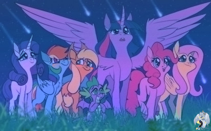 blush clothing cowboy_hat female feral grass group hat headgear headwear horn looking_up male meteor_shower night plant retro stargazing wings brainiac_(artist) friendship_is_magic hasbro my_little_pony mythology applejack_(mlp) fluttershy_(mlp) pinkie_pie_(mlp) rainbow_dash_(mlp) rarity_(mlp) spike_(mlp) twilight_sparkle_(mlp) dragon earth_pony equid equine horse mammal mythological_creature mythological_equine mythological_scalie pegasus pony scalie unicorn winged_unicorn hi_res