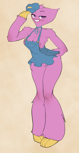 3_toes anthro apron areola areola_slip arm_tuft arms_bent barefoot bedroom_eyes big_breasts biped black_eyebrows blue_apron blue_choker blue_clothing blue_hat blue_headwear blue_jewelry blue_necklace blue_ribbon bottomless bottomless_anthro bottomless_female bow_(feature) bow_choker bow_ribbon breasts choker clitoral_hood clothed clothed_anthro clothed_female clothing eyebrows eyelashes feet female female_anthro fingers front_view fur fur_tuft genitals grin grinning_at_viewer half-closed_eyes hand_behind_back hat head_tuft headgear headwear iris jewelry leaning leaning_forward legs_together lips looking_at_viewer narrowed_eyes necklace nipple_outline noseless pigeon_toed pink_areola pink_body pink_clitoral_hood pink_fur pink_lips pink_tuft plantigrade plushie pose pupils purple_eyes ribbon_choker seductive shoulder_tuft simple_background skimpy smile smiling_at_viewer solo standing straight_legs teeth thigh_gap toes train_conductor tuft vulva white_sclera yellow_background yellow_feet yellow_hands validating_void mob_entertainment poppy_playtime kissy_missy animate_inanimate furred_monster living_plushie living_toy wuggy_(poppy_playtime) absurd_res english_description full-length_portrait hi_res pinup portrait