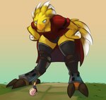 anthro bare_thighs beak blonde_hair blue_eyes breasts cheek_tuft cleavage clothed clothing dipstick_feathers duo facial_tuft feather_hair feathered_crest feathers feet female gradient_background grass hair hands_on_hips head_crest jacket leg_armor legwear looking_down_at_another looming looming_over low-angle_view micro non-mammal_breasts plant pseudo_hair red_clothing simple_background smile smug standing tail tail_feathers talons thick_thighs thigh_highs toes topwear tuft underwear winged_arms wings worm's-eye_view yellow_body yellow_feathers robomax final_fantasy square_enix lira_(lira13) wednesday_(robomax) avian bird canid canine chocobo fox mammal absurd_res hi_res