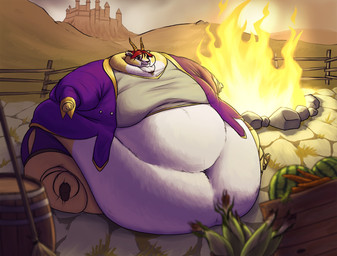 annoyed anthro arm_rolls barrel belly belly_rolls big_belly big_butt big_cheeks broom butt campfire carrot castle chubby_cheeks cleaning_tool clothed clothing corn detailed_background double_chin fancy_clothing fat_rolls fence fire food footwear fruit fur hair hooves horn huge_belly immobile jewelry leg_rolls love_handles male melon moobs morbidly_obese morbidly_obese_anthro morbidly_obese_male navel neck_rolls necklace obese obese_anthro obese_male outside overweight overweight_anthro overweight_male pendant plant prince red_hair royalty sandals shoes sitting solo tan_body tan_fur thick_thighs tight_clothing torn_clothing vegetable watermelon weight_gain white_body white_fur wide_hips wood wood_fence sugarboy prince_whitney_(almeric) antelope bovid gazelle mammal better_version_at_source