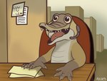 desk furniture male office smile solo table alcosaurusrex alco_(alcosaurusrex) fan_character crocodile crocodilian reptile scalie absurd_res digital_media_(artwork) hi_res