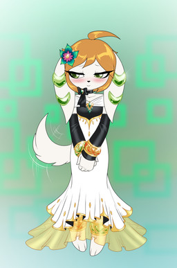3_toes accessory ahoge anklet anthro barefoot blush bracelet brooch clothed clothed_female clothing digitigrade dress feet female flower flower_in_hair fur gold_trim green_eyes hair hair_accessory hands_together jewelry long_ears looking_aside neck_ribbon orange_hair plant smile solo tail tail_motion tailwag toes white_body white_clothing white_dress white_fur crovirus freedom_planet galaxytrail milla_basset basset_hound canid canine canis domestic_dog hunting_dog mammal scent_hound absurd_res hi_res