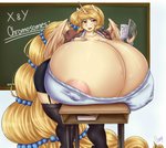 anthro big_breasts book breasts chalkboard classroom cleavage cleavage_overflow clothed clothing desk female furniture horn huge_breasts hyper hyper_breasts information_board school solo table teacher wings chango-tan mythology equid equine mammal mythological_creature mythological_equine winged_unicorn absurd_res hi_res