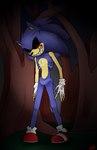 anthro blood blue_body blue_fur bodily_fluids clothing creepy demonic emaciated evil_grin footwear fur gloves handwear horror_(theme) looking_at_viewer male nightmare_fuel plant red_eyes sharp_teeth shoes smile solo tail teeth torn_clothing tree gottagoblast creepypasta sega sonic.exe_(creepypasta) sonic_the_hedgehog_(series) sonic.exe eulipotyphlan hedgehog mammal