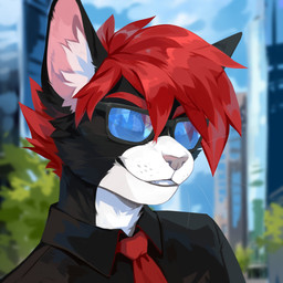 accessory anthro black_body black_clothing black_ears black_fur black_topwear blurred_background building cheek_tuft clothed clothing detailed_background eyewear facial_tuft fur hair inner_ear_fluff looking_at_viewer male necktie pink_inner_ear pink_nose plant pupils red_hair red_necktie shrub slit_pupils smile solo sunglasses topwear tuft unsigned urban white_body white_fur white_inner_ear_fluff corzh77 domestic_cat felid feline felis mammal 1:1 absurd_res bust_portrait detailed hi_res icon portrait