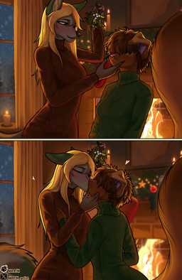 anthro barely_visible_eyes black_nose blonde_hair brown_body brown_hair candle christmas_decorations decoration detailed_background dipstick_tail duo female female/female fire fireplace green_ears green_tail_tip grey_body grey_tail hair heart_symbol holding_face holidays inner_ear_fluff kissing markings mistletoe picture_frame piercing pink_nose plant snow snowing snowing_outside squirrel_tail tail tail_markings tuft two_panel_image white_inner_ear_fluff wolf_tail yellow_curtains mr.r1n christmas ashley_beau nanaki_azakee canid canine canis collie domestic_dog herding_dog hybrid mammal pastoral_dog rodent sciurid sheepdog tree_squirrel wolf absurd_res comic hi_res warm_colors trans_(lore) trans_woman_(lore)